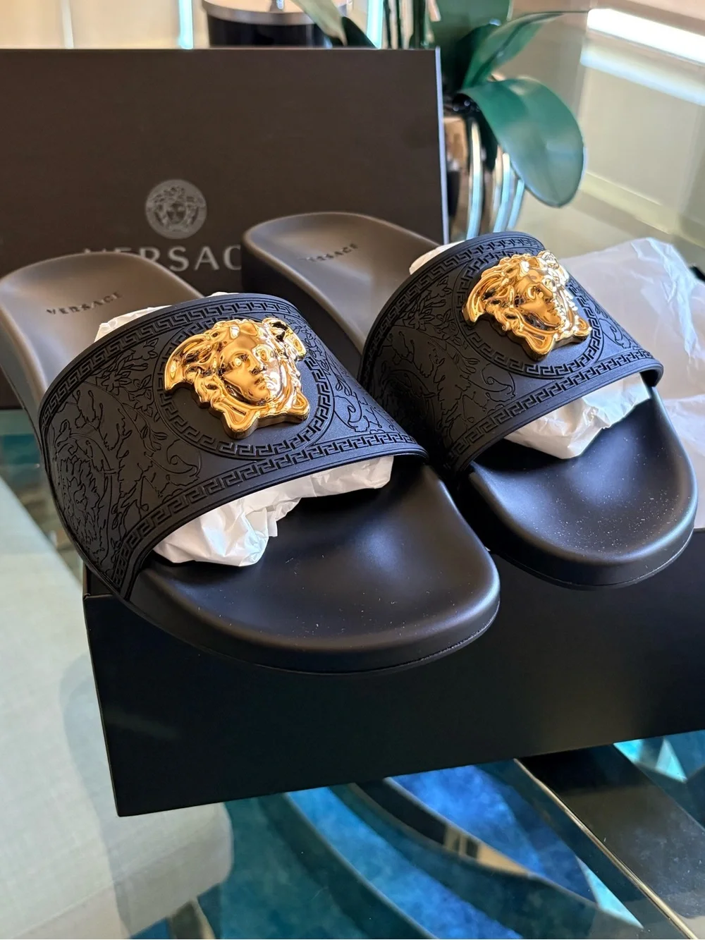 Versace Slide Sandals with Gold Medusa Emblem